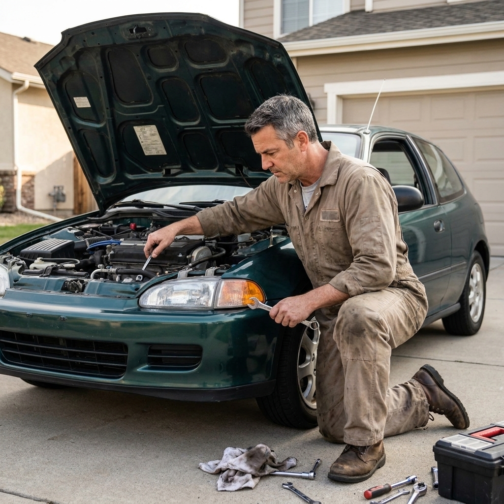 A 1990s Honda Civic parked in a driveway with the hood slightly open, suggesting an ongoing hands-on maintenance or restoration project.