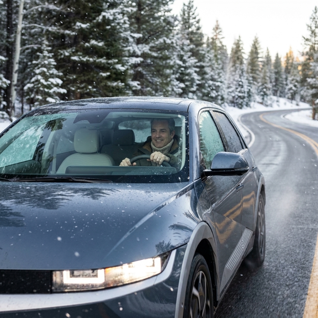 A Hyundai Ioniq 5 drives on a cold winter morning with light snow along the roadside.