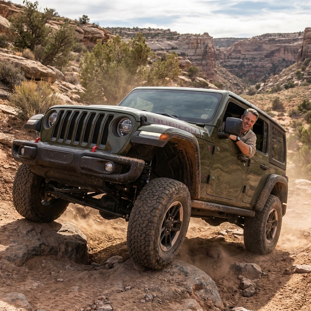 A Jeep Wrangler climbing a rocky dirt trail with the suspension flexing, showing a realistic off-road situation