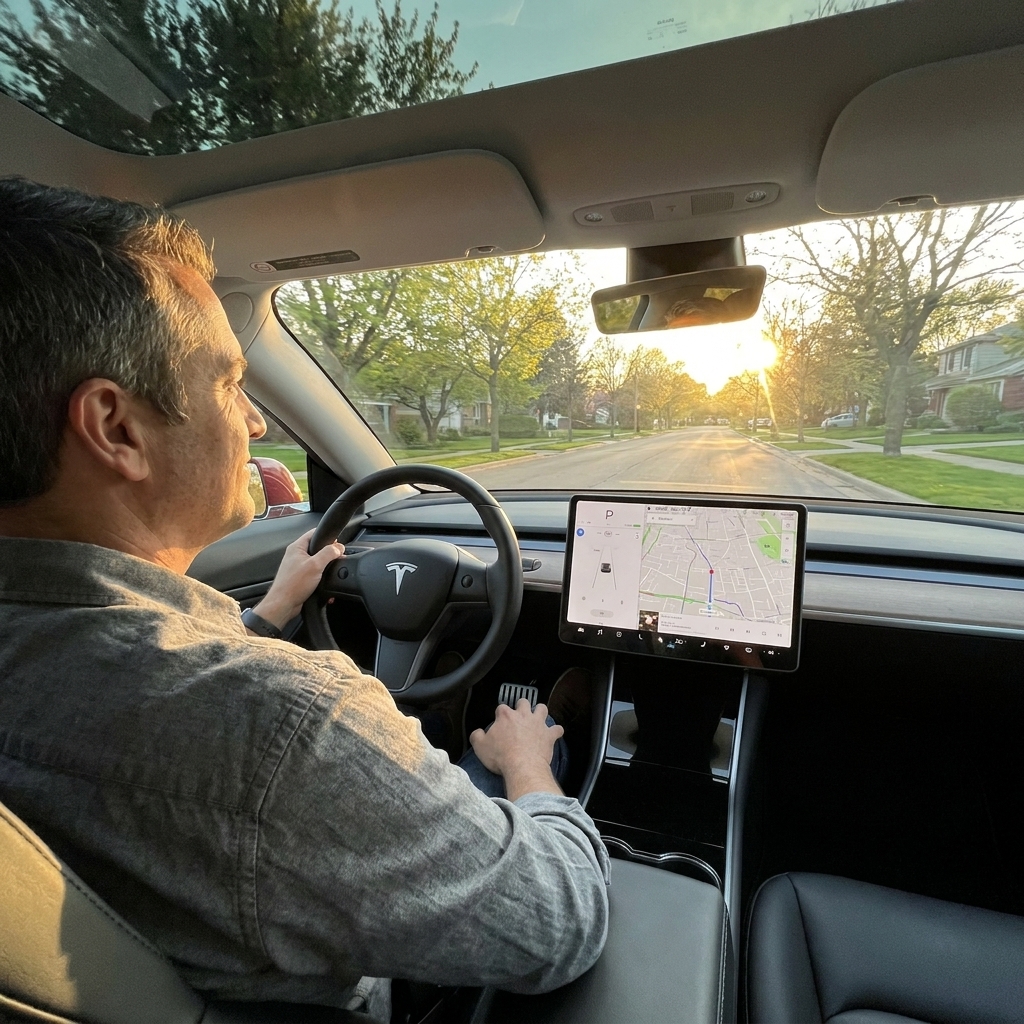 A Tesla Model 3 drives down a suburban road at sunset as the driver eases off the accelerator to slow the car.