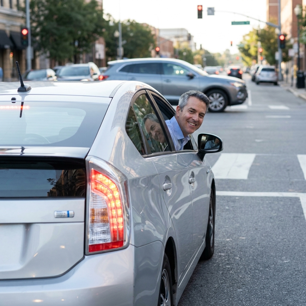 A Toyota Prius slows toward a city intersection in light traffic with the brake lights illuminated.