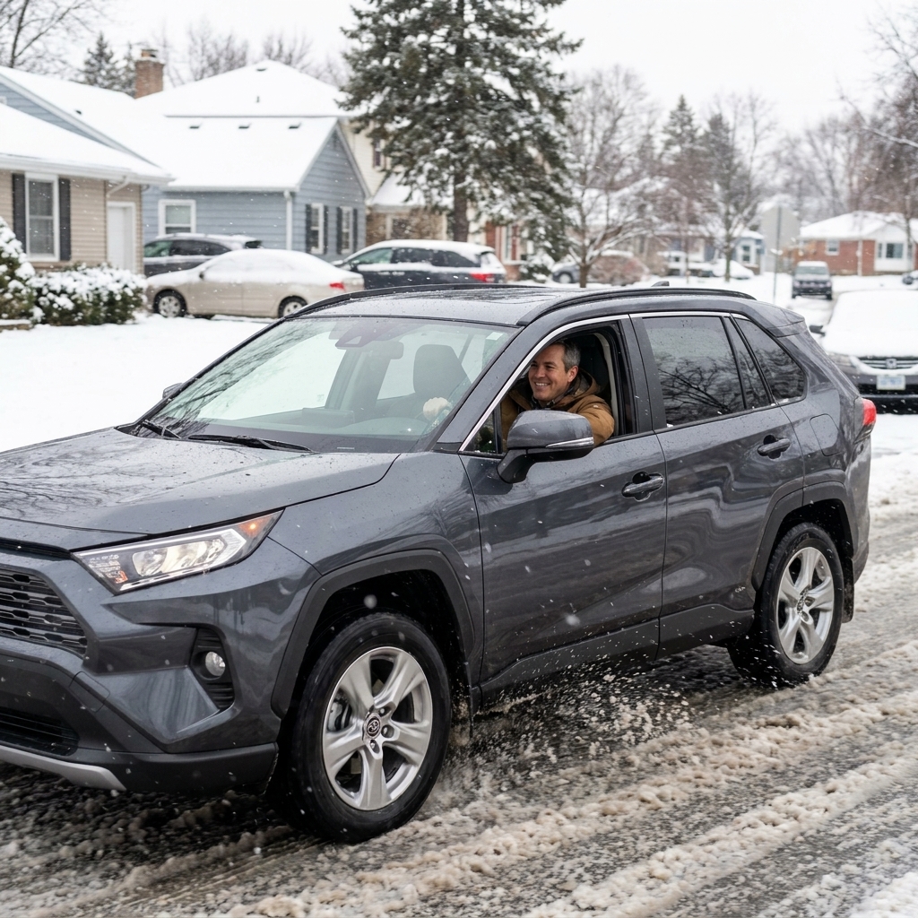 A Toyota RAV4 driving through light snow on a neighborhood street, with slush kicked up behind the tires