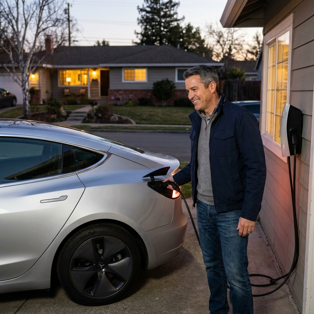 A battery electric vehicle parked in a driveway charging from a wall-mounted home charging unit at dusk