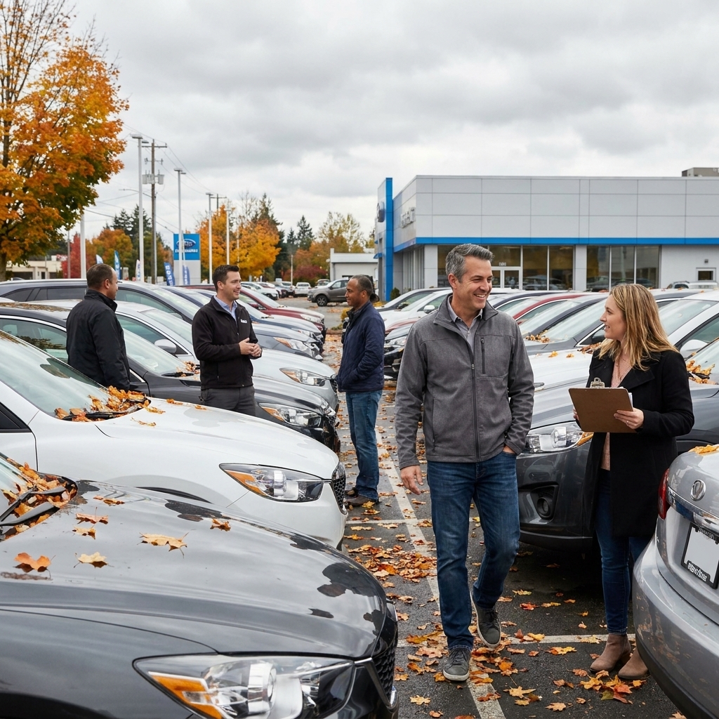 A busy dealership lot on an overcast autumn day with customers walking between rows of vehicles