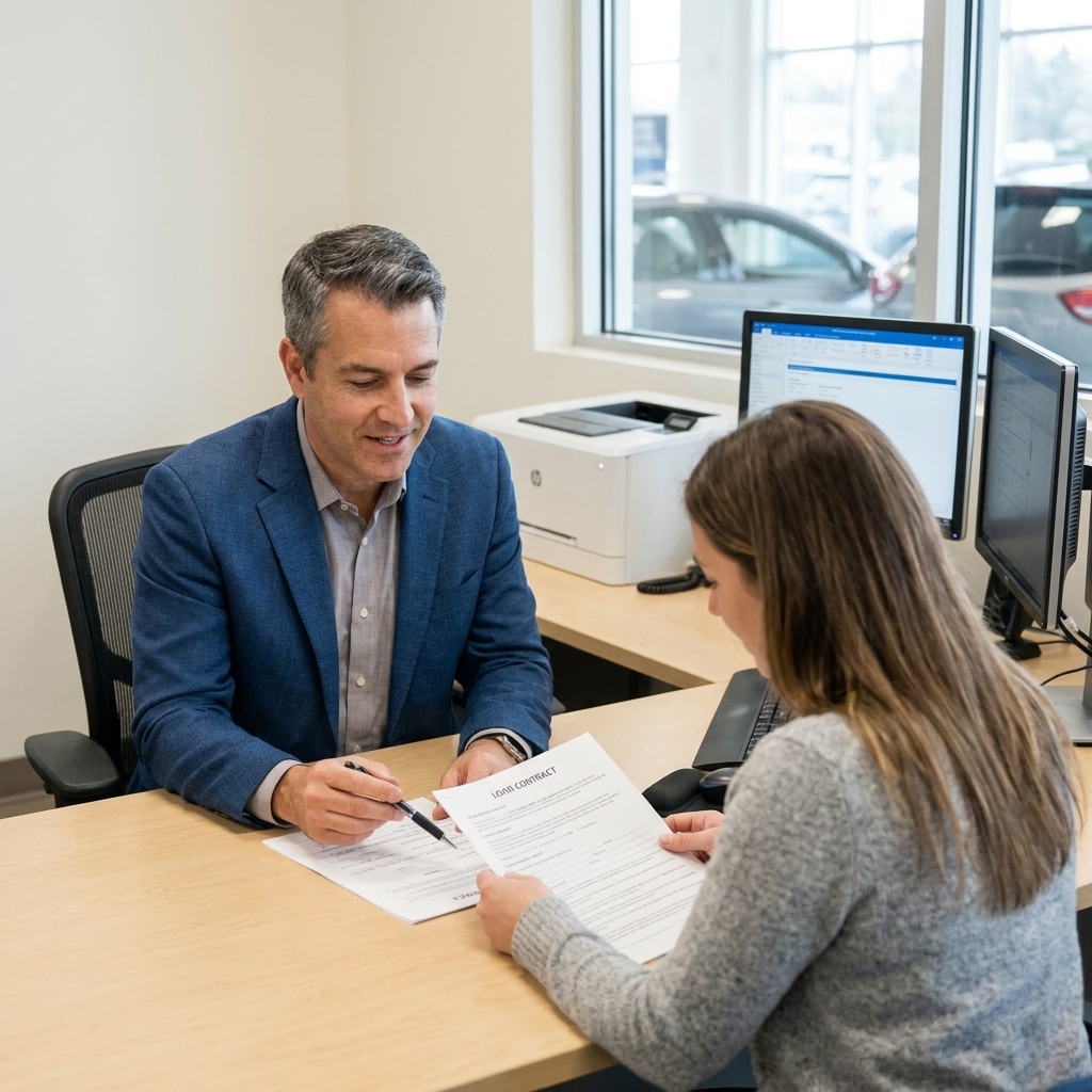 A buyer seated at a dealership finance desk reviewing loan paperwork while a finance manager points at a contract