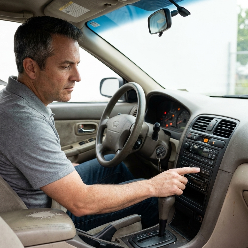 A buyer sitting in the driver seat of a used car checking dashboard warning lights and testing buttons on the center console