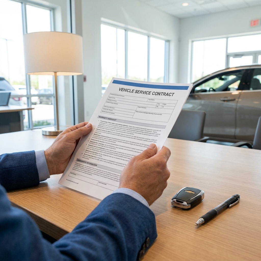 A buyer’s hands holding dealership warranty paperwork on a desk next to a car key fob and a pen, photographed in a clean showroom office