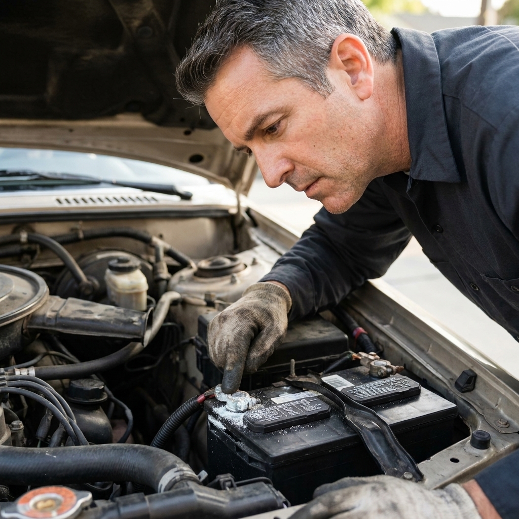 A car battery in an engine bay showing light corrosion on the terminals before cleaning