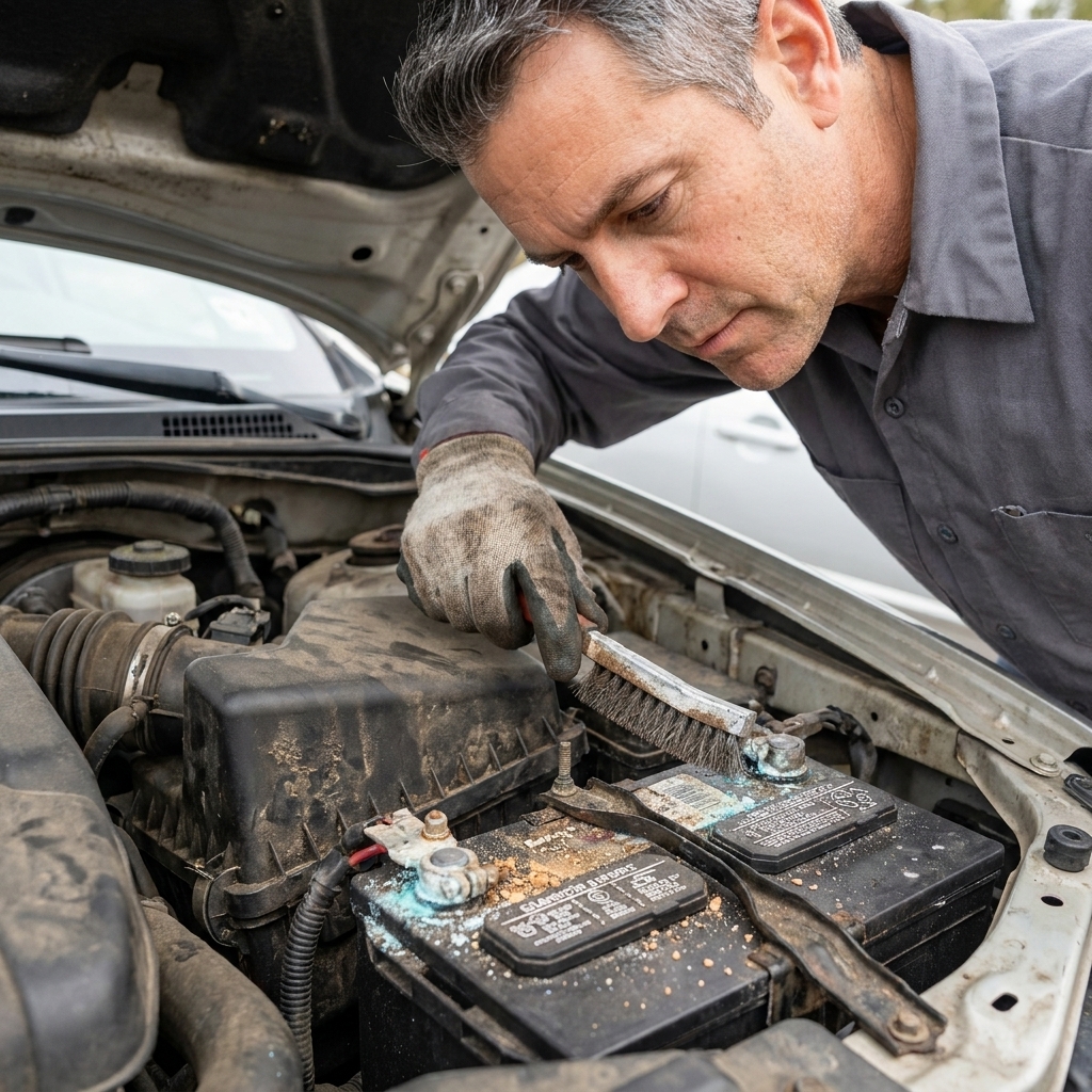 A car battery in an engine bay with a person using a terminal brush to clean corrosion from the battery post