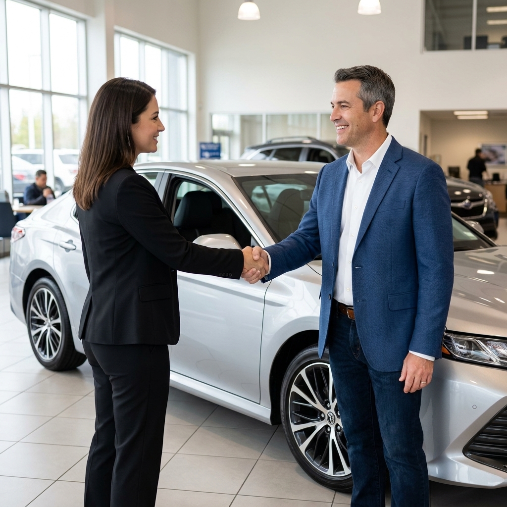 A car buyer and a dealership salesperson shaking hands beside a new vehicle inside a showroom