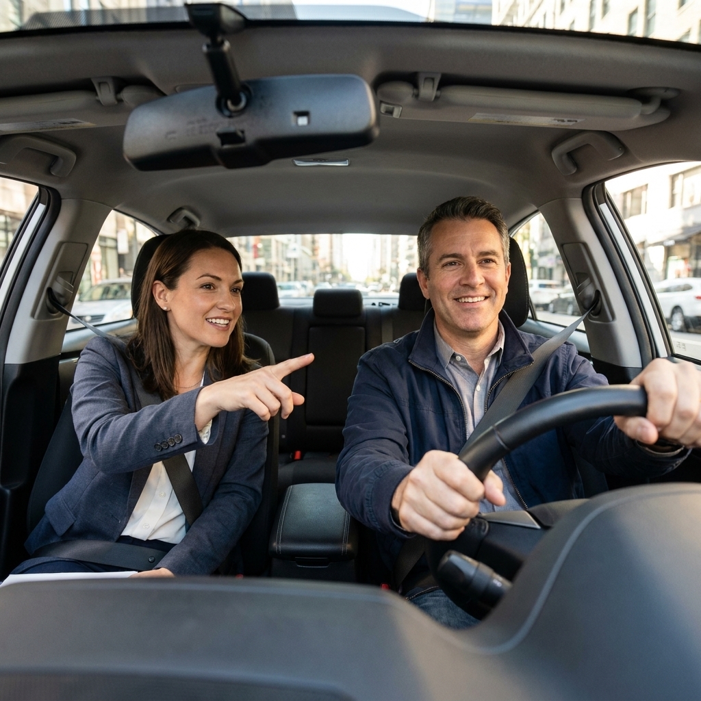 A car buyer driving a vehicle on a city street during a dealership test drive with a salesperson in the passenger seat
