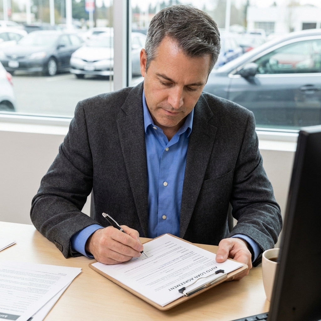 A car buyer holding a pen while signing an auto loan contract on a clipboard inside a dealership office