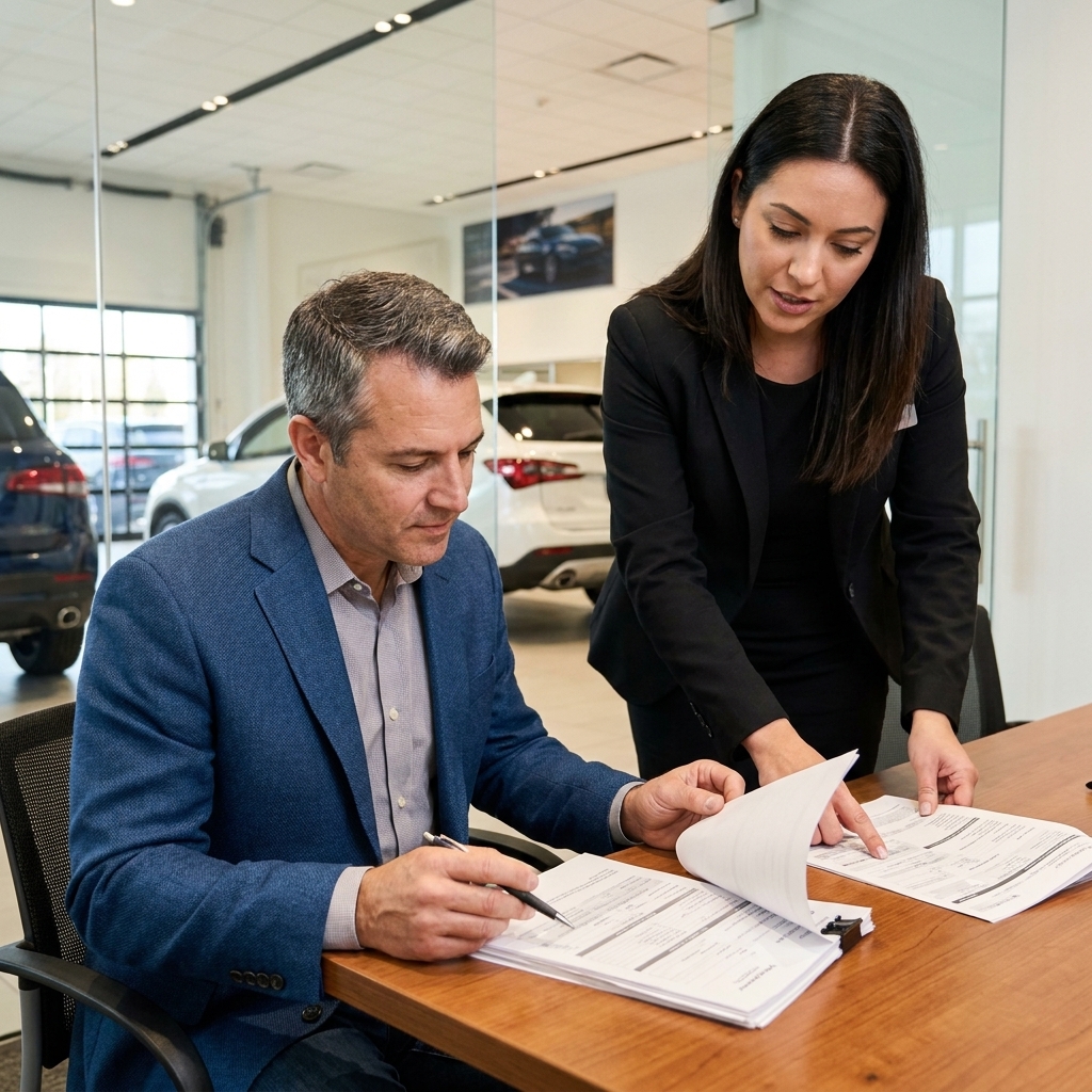 A car buyer seated at a dealership desk reviewing purchase paperwork while a salesperson stands nearby