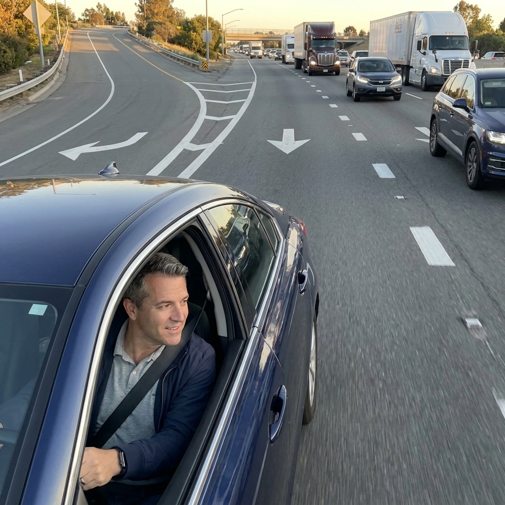 A car entering a freeway from an on-ramp with moderate traffic in the right lane and clear merge markings