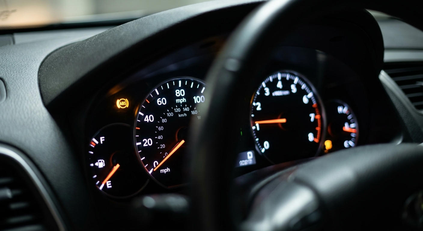 A car instrument cluster showing an illuminated ABS warning light alongside the speedometer and other gauges