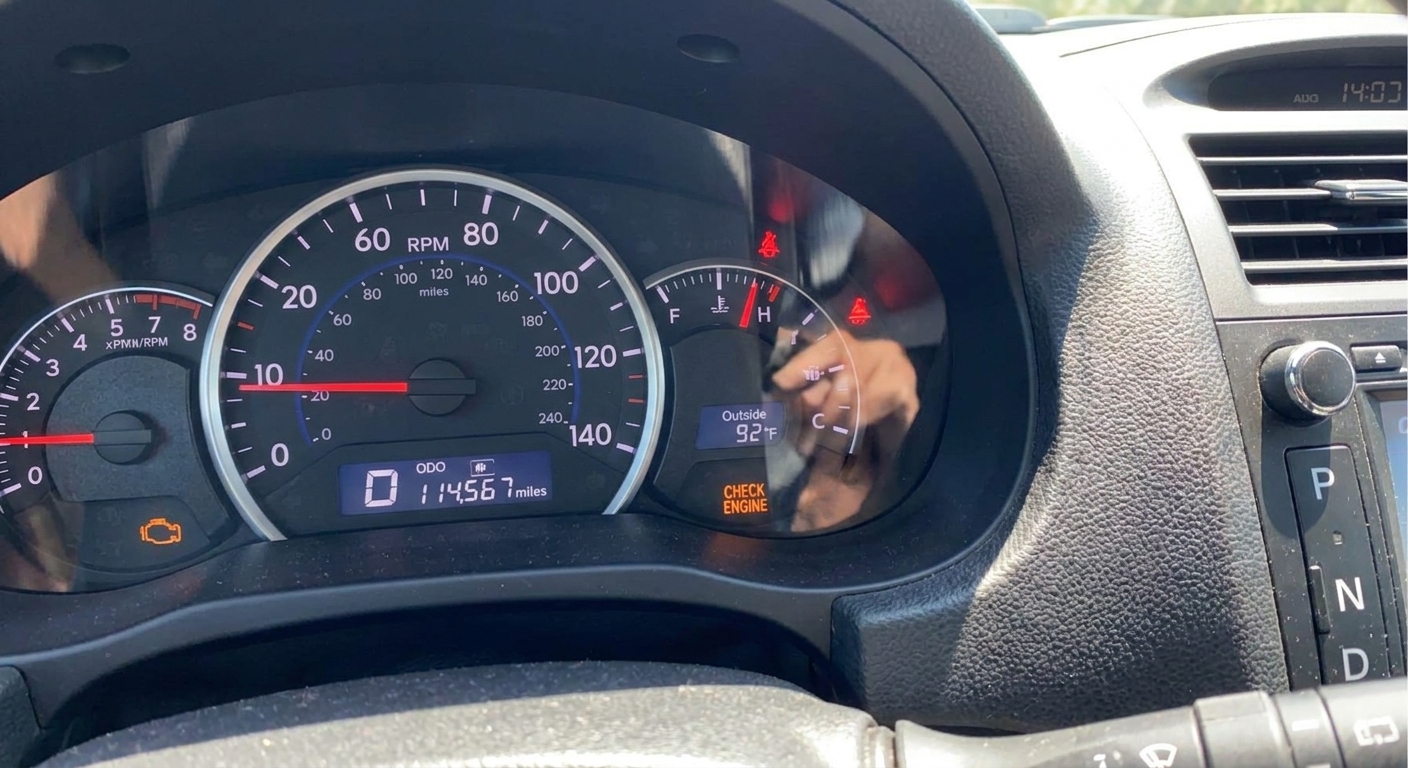 A car instrument cluster showing the engine temperature gauge near the hot zone while the vehicle is idling