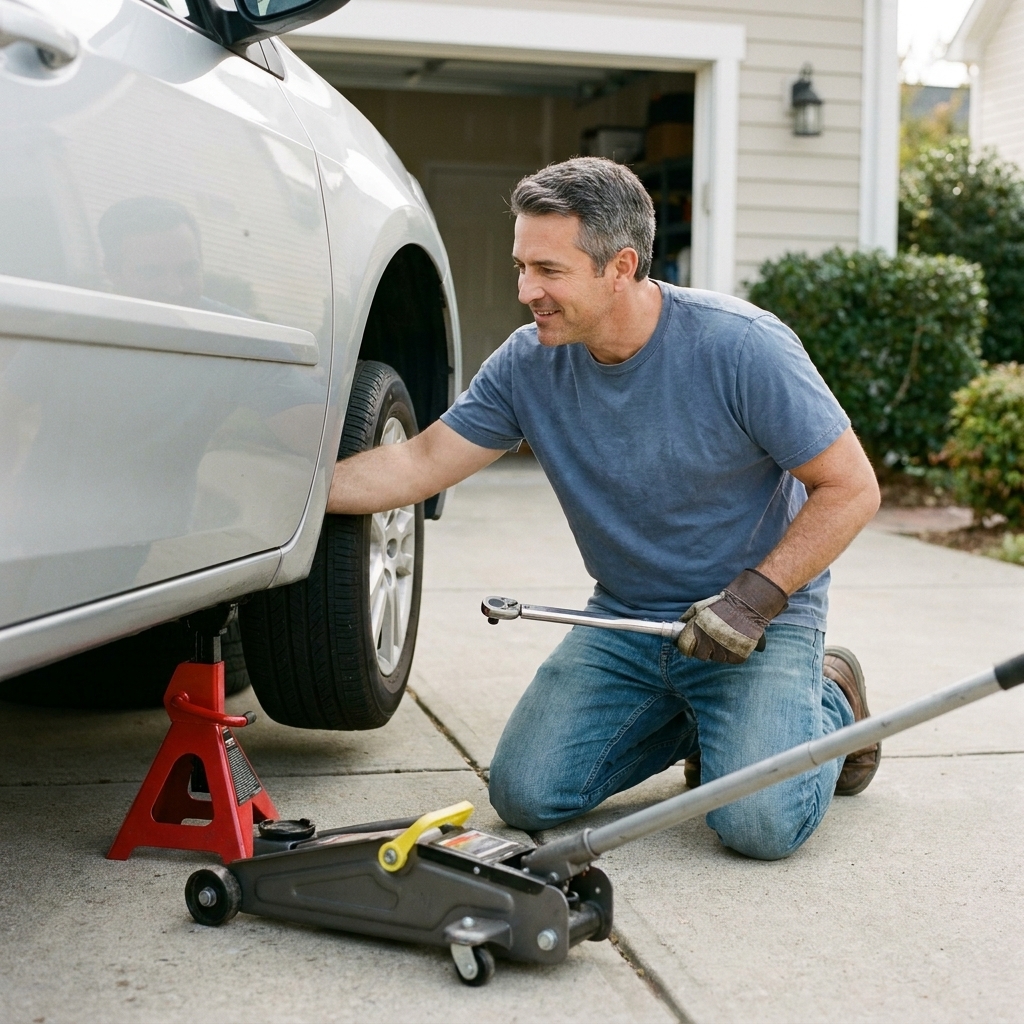 A car safely supported on a jack stand with a floor jack nearby on a flat concrete driveway