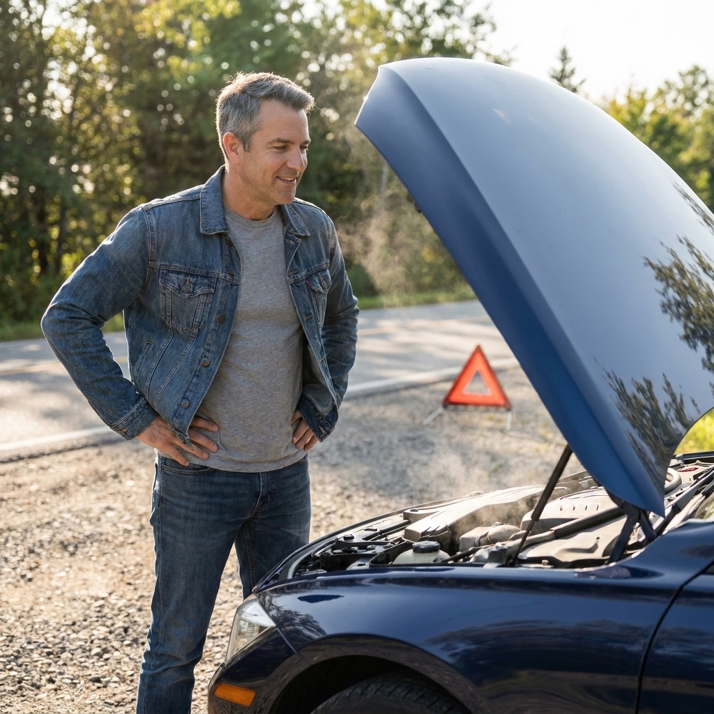A car with the hood raised on the roadside, faint steam drifting upward from the engine bay in natural daylight