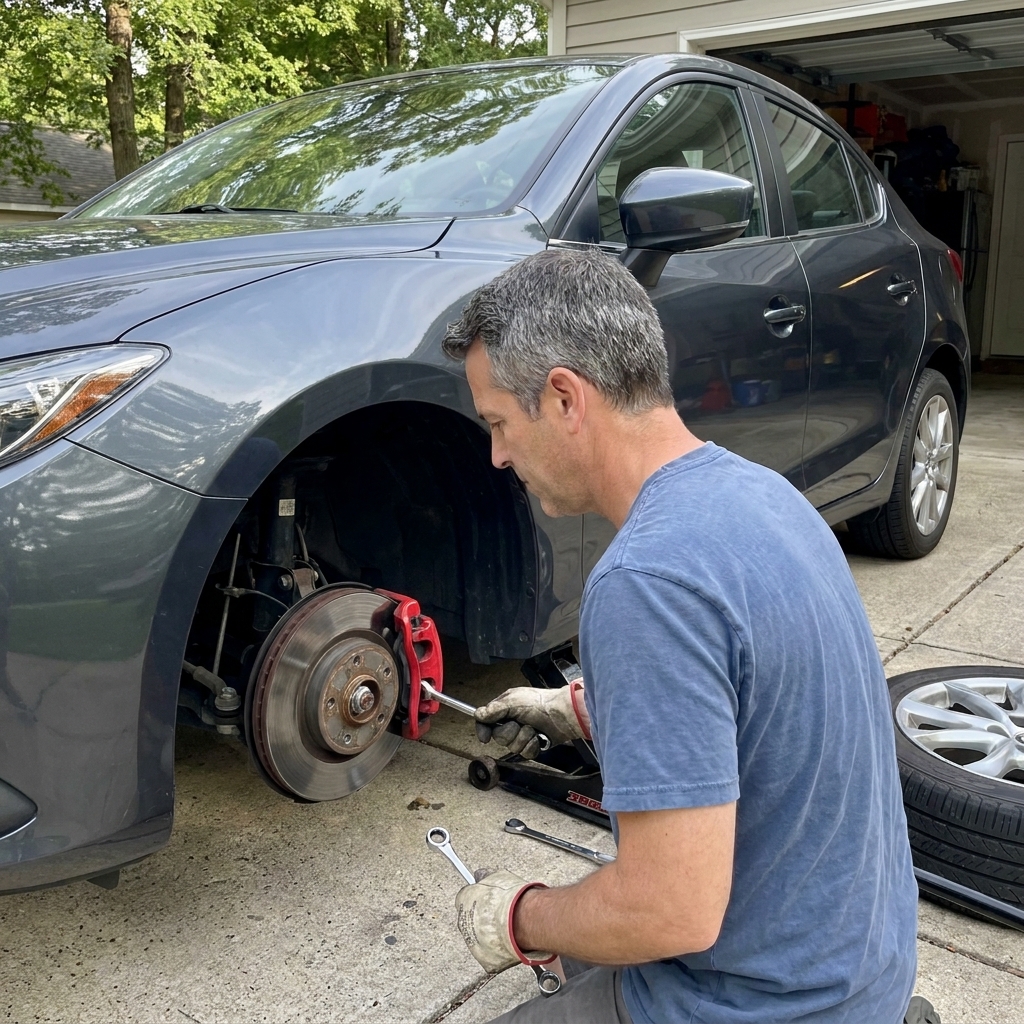 A car with the wheel removed, showing the exposed brake rotor and caliper assembly in a driveway