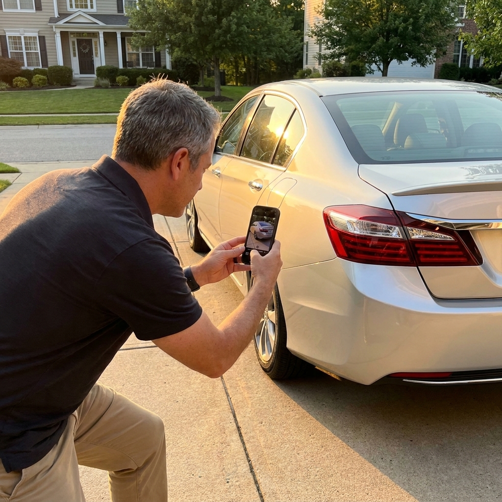 A clean silver sedan parked in a driveway during golden hour while someone takes photos of the exterior with a smartphone