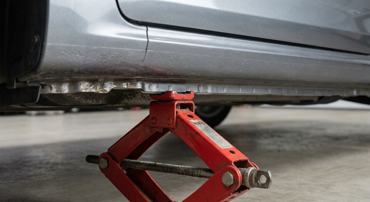 A close-up of a car’s rocker panel area showing the factory jack point near the pinch weld with a scissor jack positioned correctly underneath
