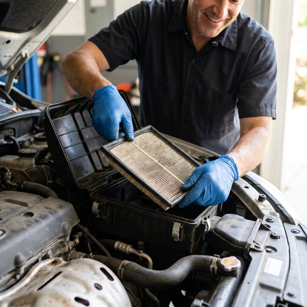 A close-up of an engine bay with the air filter box opened and a rectangular air filter being lifted out by gloved hands