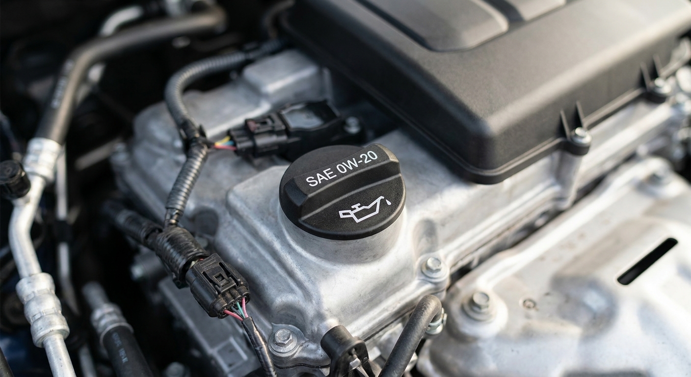 A close-up of an engine oil fill cap that specifies 0W-20 on a modern four-cylinder engine