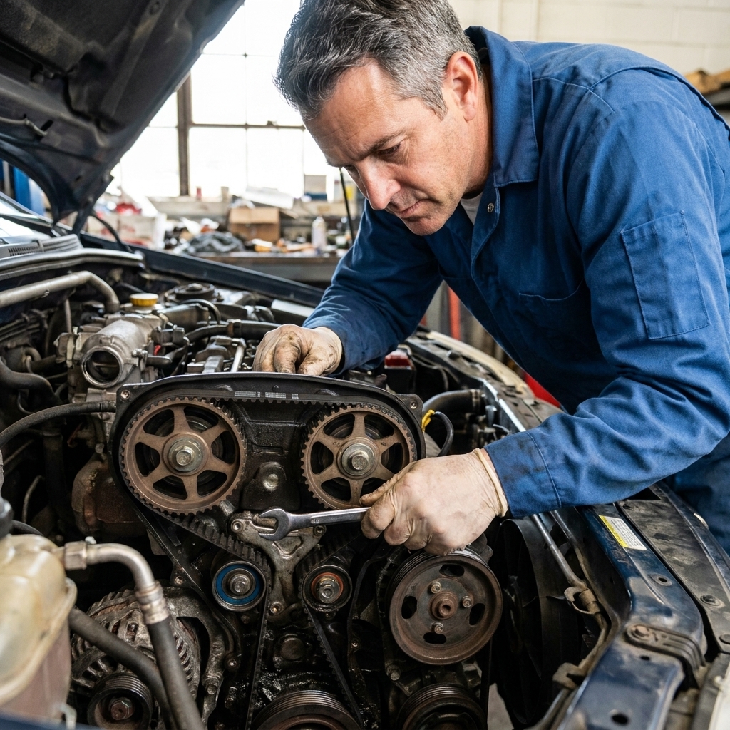 A close-up of an engine with the timing belt cover removed, showing a timing belt and pulleys during service