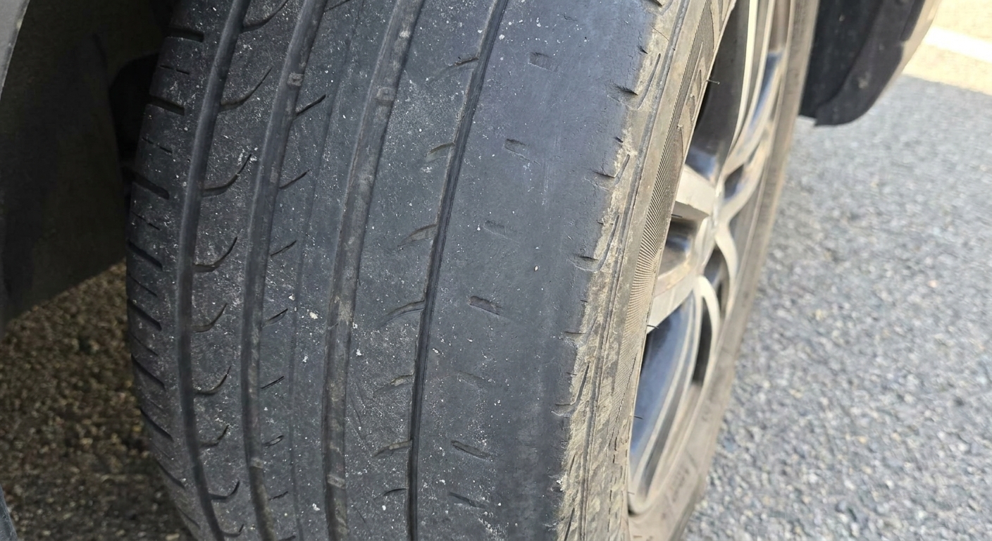 A close-up photo of a car tire showing uneven tread wear with more wear on one shoulder than the rest of the tread