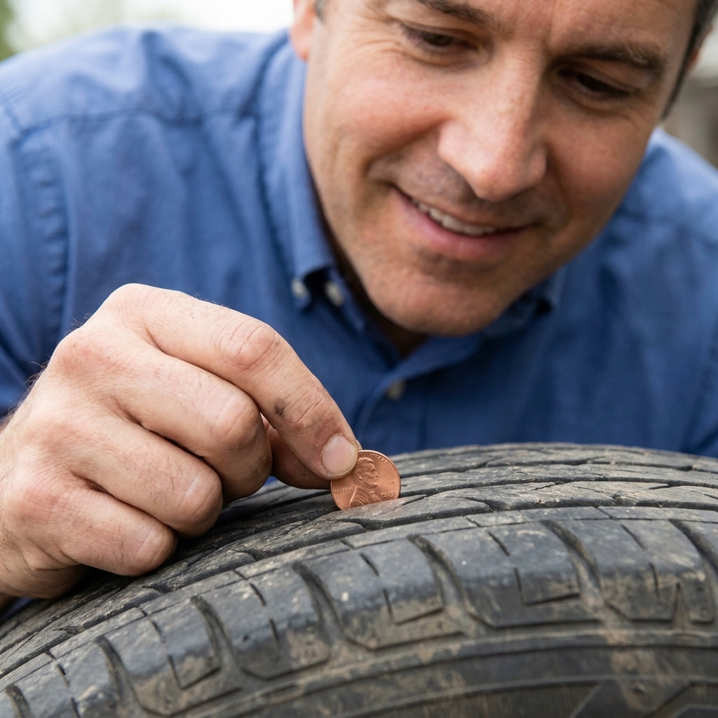 A close-up photo of a penny inserted head-first into a tire tread groove to check remaining tread depth
