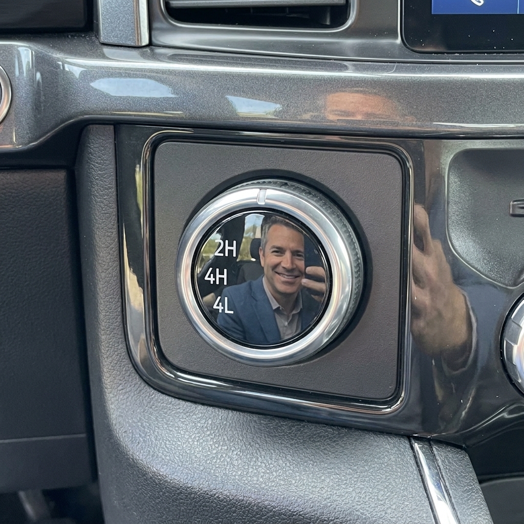 A close up photo of a pickup truck four wheel drive selector knob showing 2H, 4H, and 4L options on the dashboard