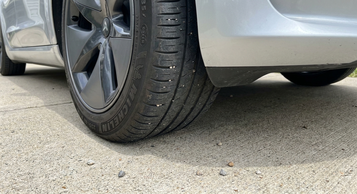 A close-up photo of a worn tire tread on an electric car, parked on a concrete driveway in daylight