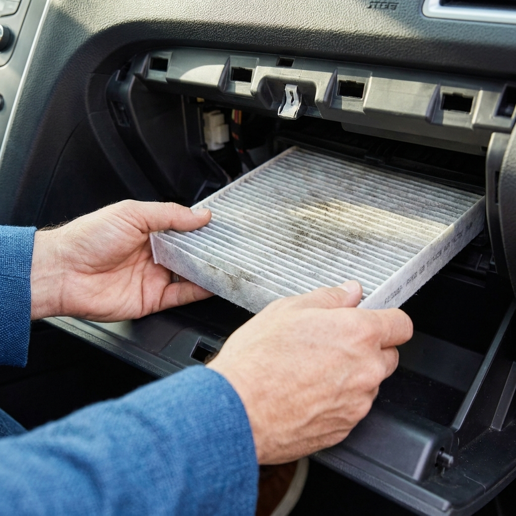 A close-up photo of hands sliding a rectangular cabin air filter out from behind a glovebox