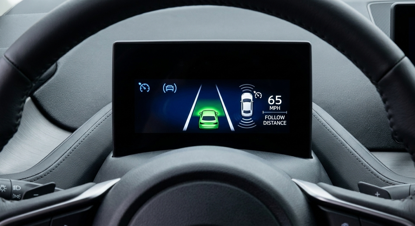 A close-up photograph of a modern vehicle instrument cluster showing driver assistance status icons for lane assistance and adaptive cruise control illuminated