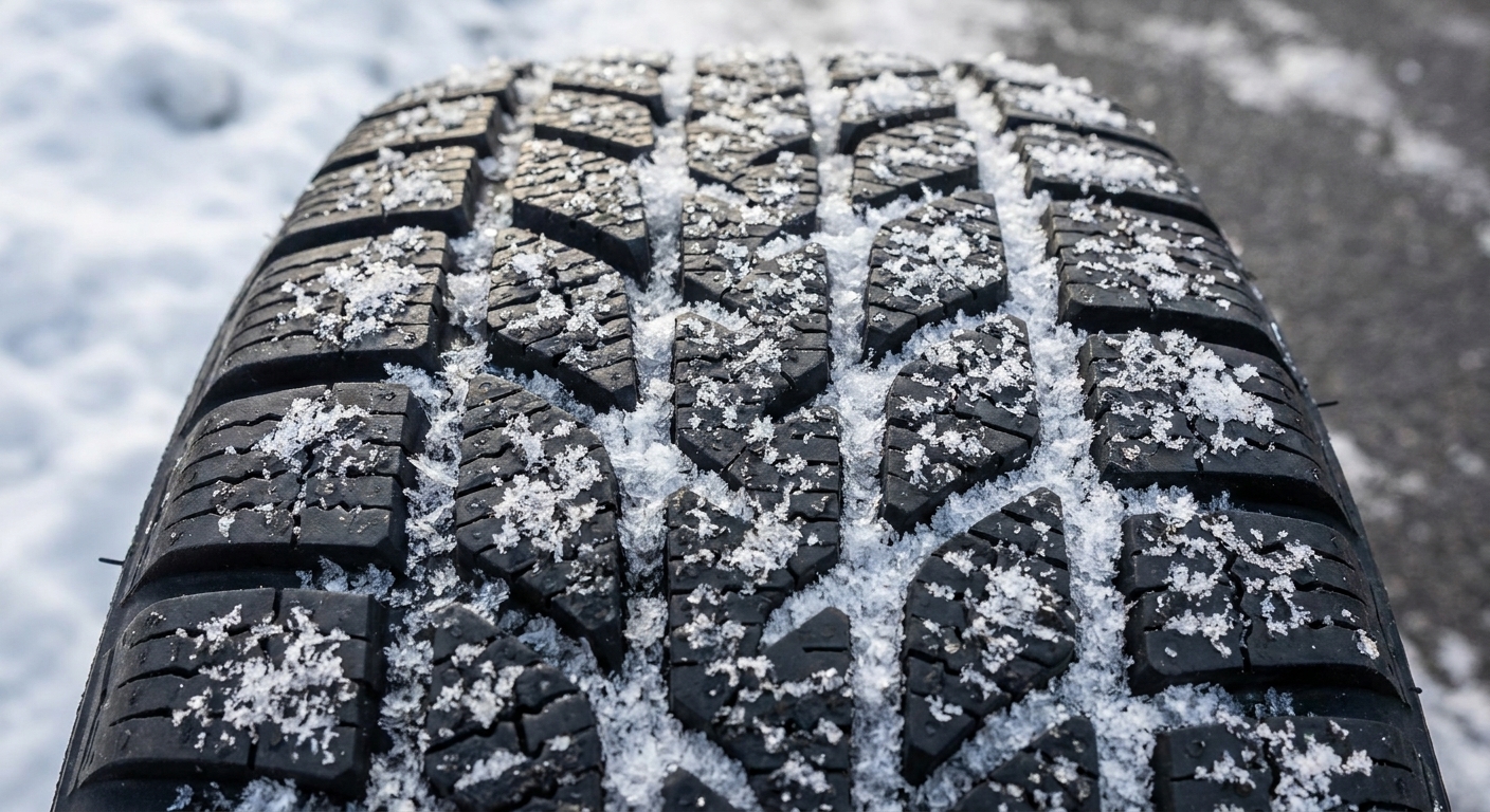 A close up photograph of a winter tire tread packed with snow crystals, showing deep siping and block pattern