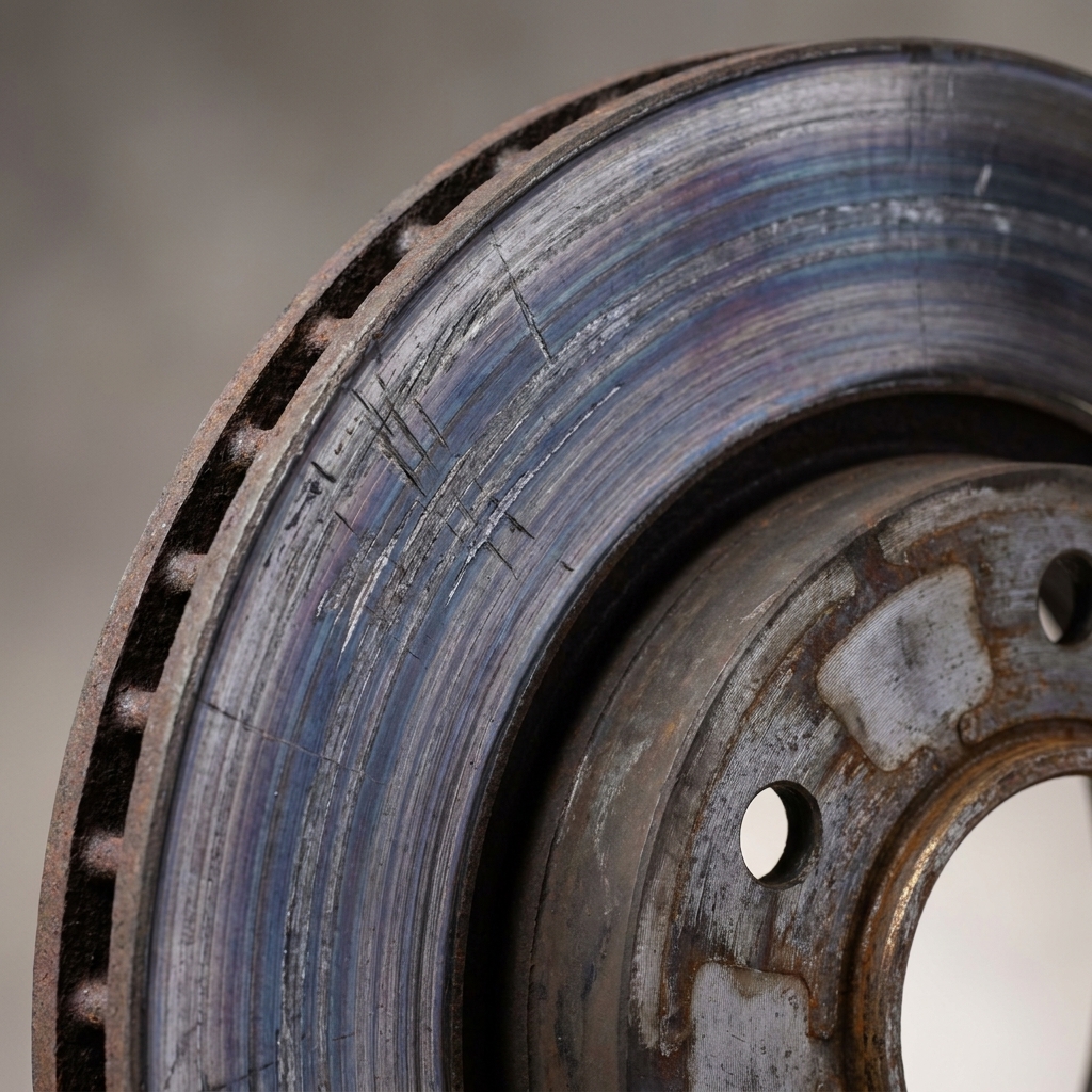 A close view of a brake rotor showing bluish heat discoloration and a worn braking surface