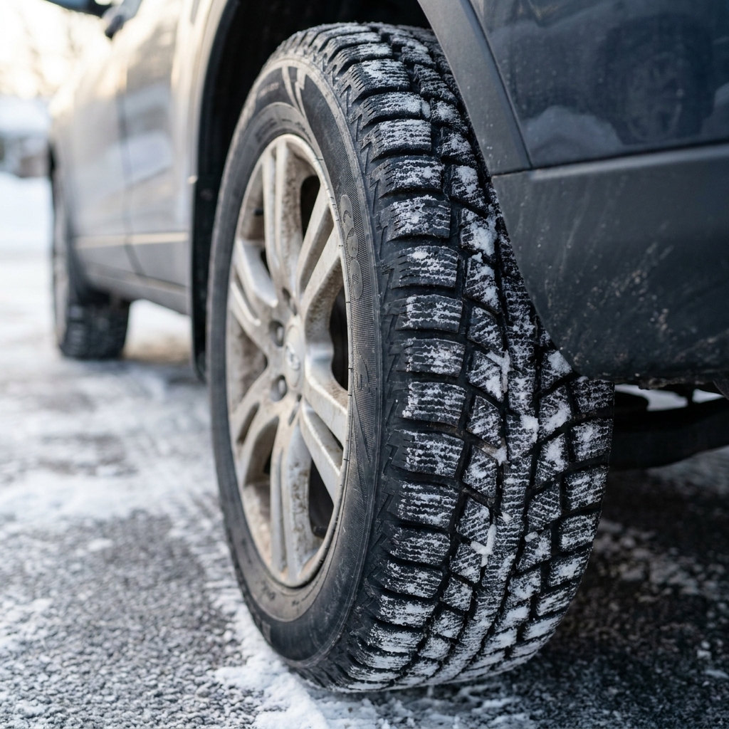 A close view of a car wheel fitted with a winter tire showing deep tread blocks and sipes, parked on a cold driveway