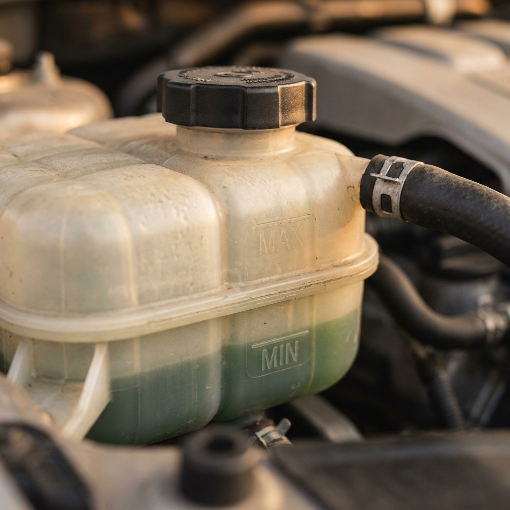 A close view of a coolant overflow reservoir in an engine bay with the cap installed, showing the translucent plastic tank and fluid level markings
