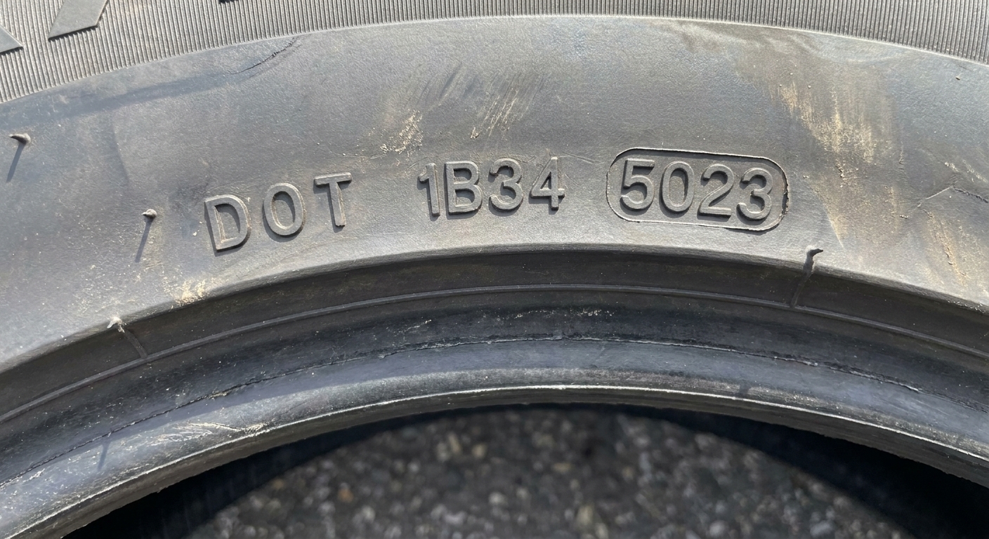 A close view of a tire sidewall showing the DOT date code area used to verify tire age