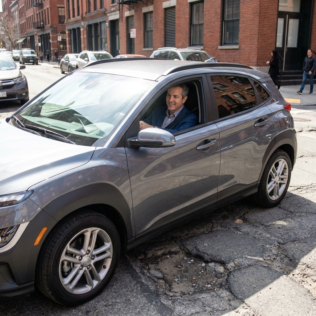 A compact SUV driving slowly over a rough city street with small potholes during a daytime test drive