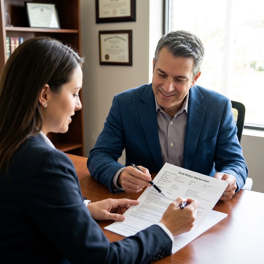 A customer sitting across from an insurance agent at a desk reviewing an auto policy document