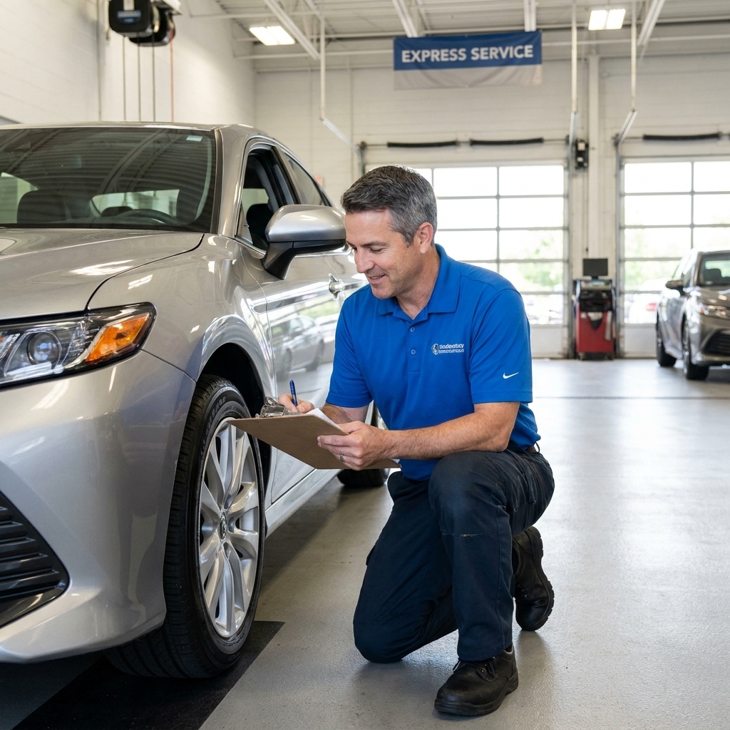 A dealership employee kneeling by a car wheel while noting tire condition on a clipboard in a service drive