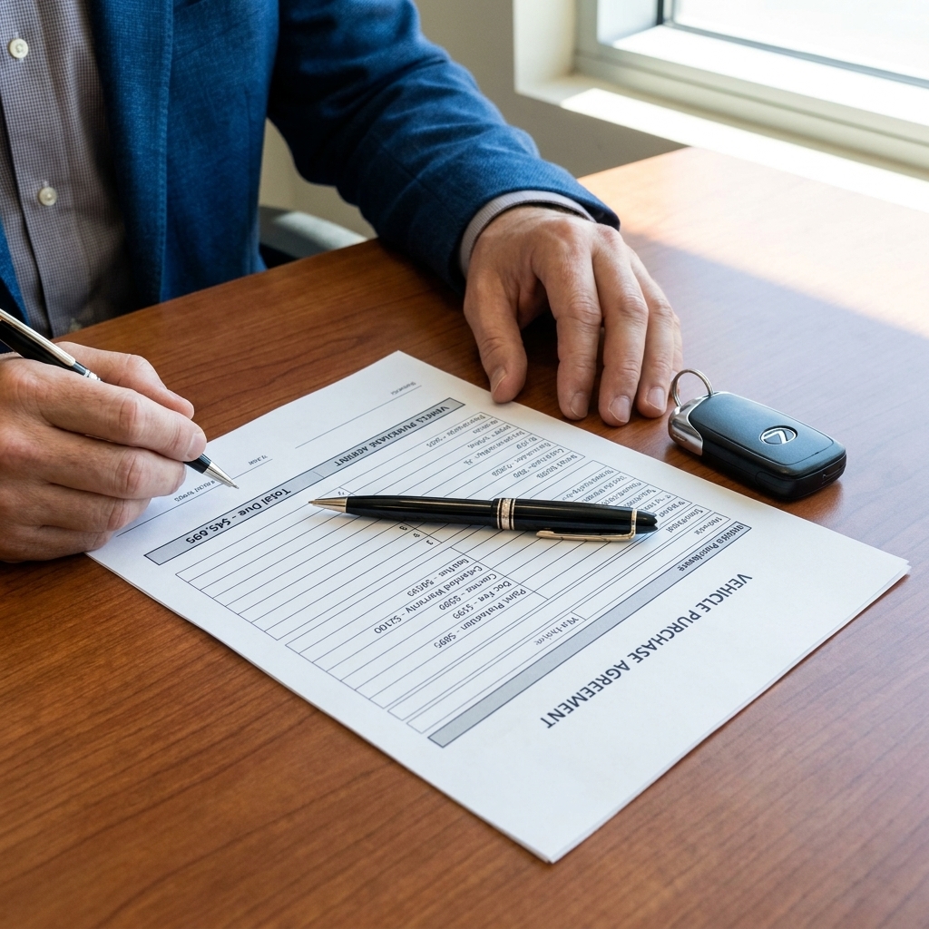 A dealership purchase worksheet on a desk showing line items for add-ons and fees next to a pen and a car key fob