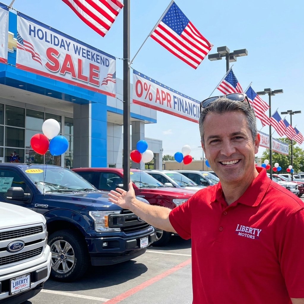 A dealership storefront with multiple American flags and a holiday weekend sale setup on a sunny day