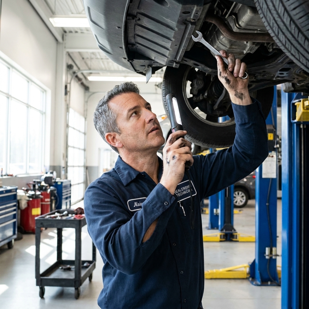 A dealership technician inspecting a used vehicle on a service lift inside a bright service bay, with the undercarriage visible and tools nearby