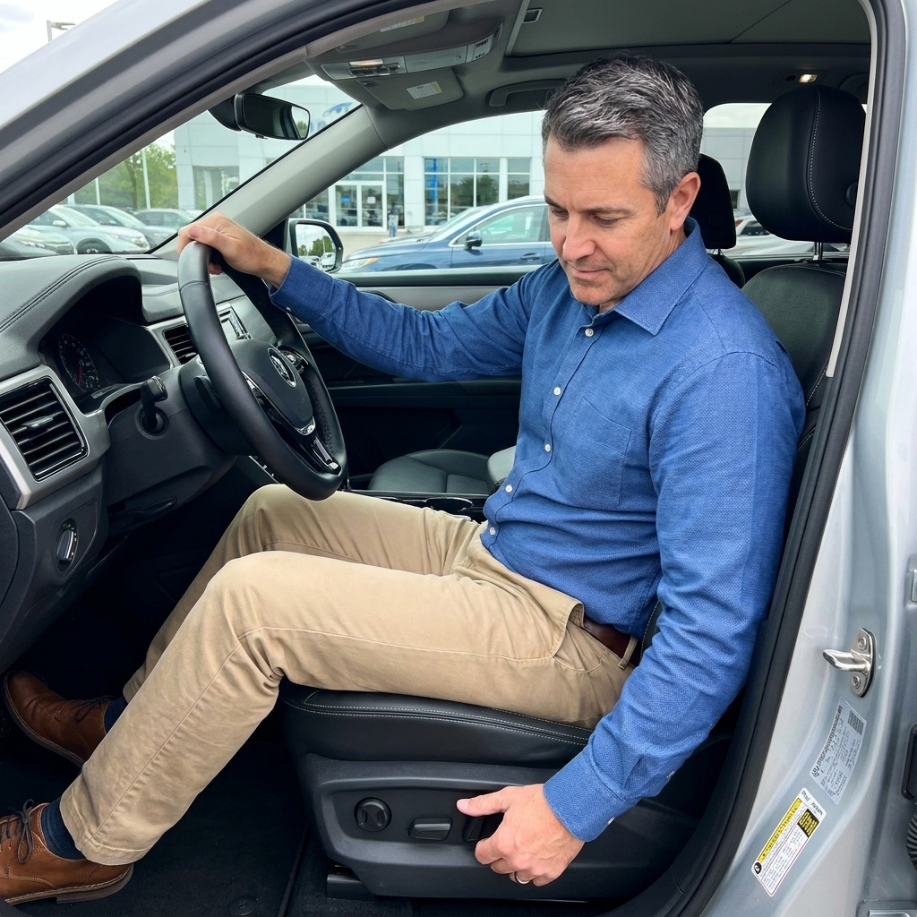 A driver adjusting power seat controls on the side of a car seat in a parked vehicle before starting a test drive