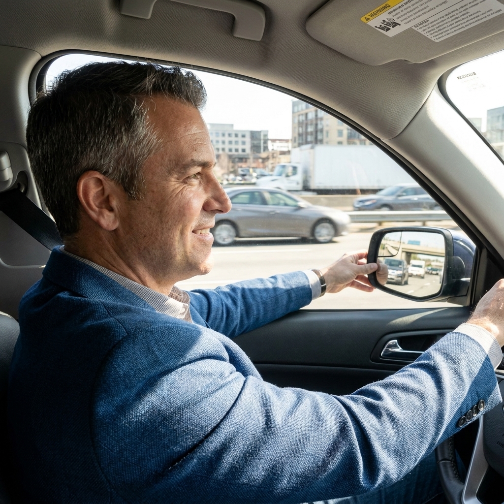 A driver adjusting the side mirror while seated in the driver’s seat, with traffic visible outside