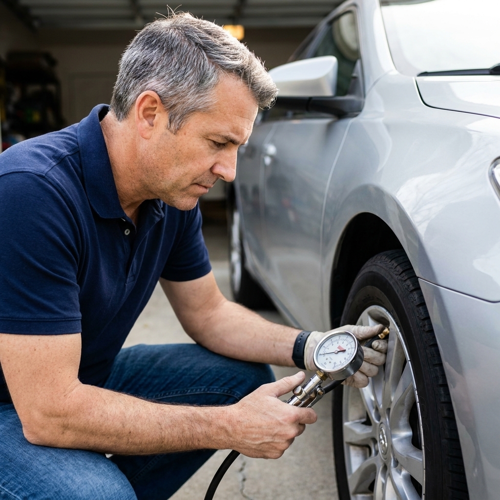 A driver checks a tire valve stem using a handheld tire pressure gauge