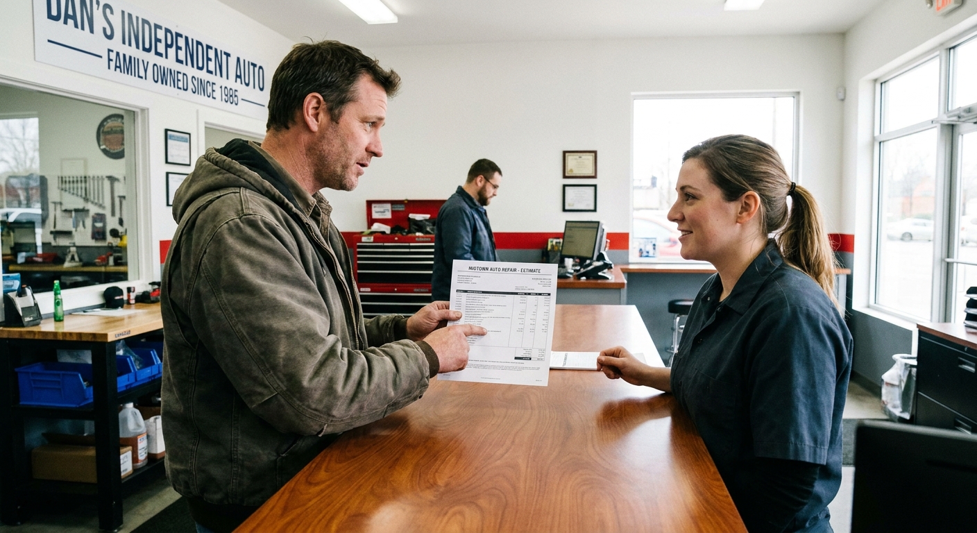 A driver holding a printed auto repair estimate while standing at a service counter in a clean independent repair shop