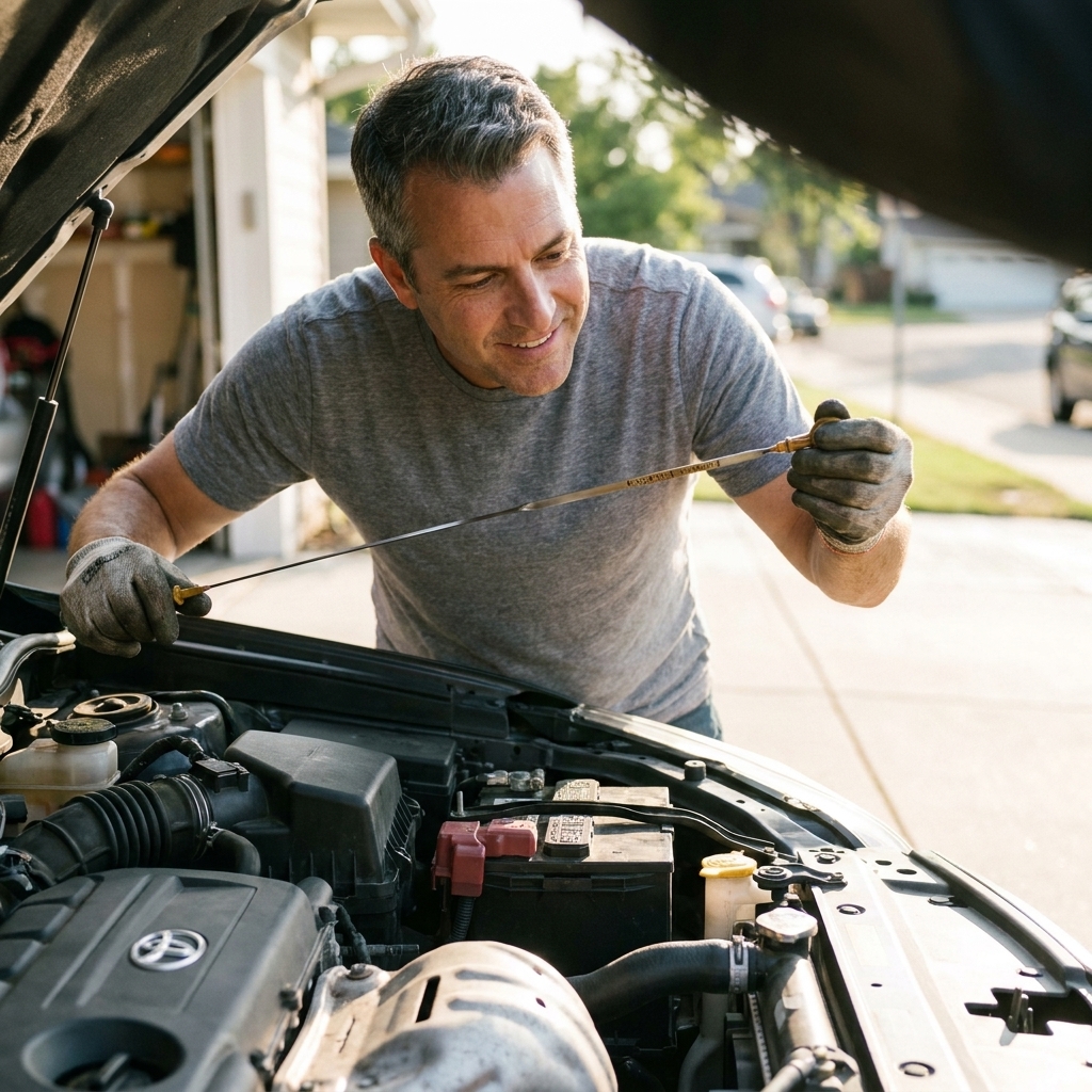 A driver holding an engine oil dipstick over an open engine bay while checking the oil level